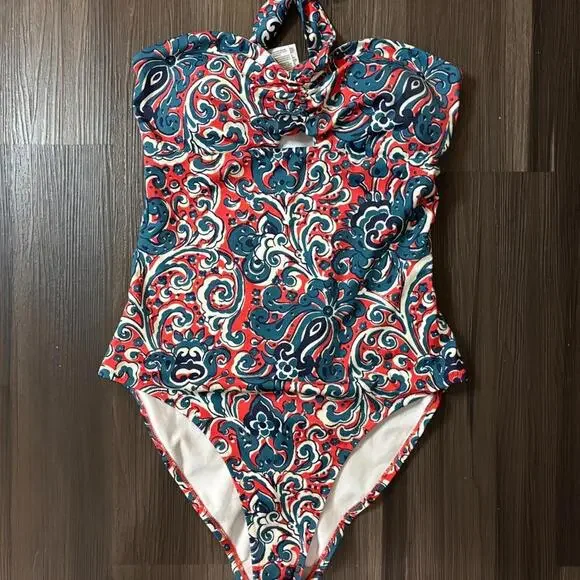 Boden Red Scarf Bandeau One Piece Swimsuit Women's Size 6 Halter Top - Picture 2 of 9